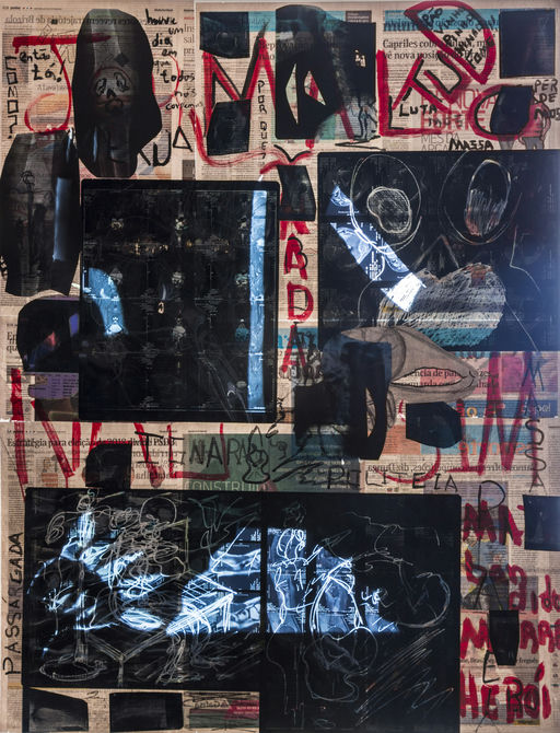 sem título, 2015 Série TransAparente tinta acrílica, jornal, nanquim, giz e backlight 132 x 100 cm